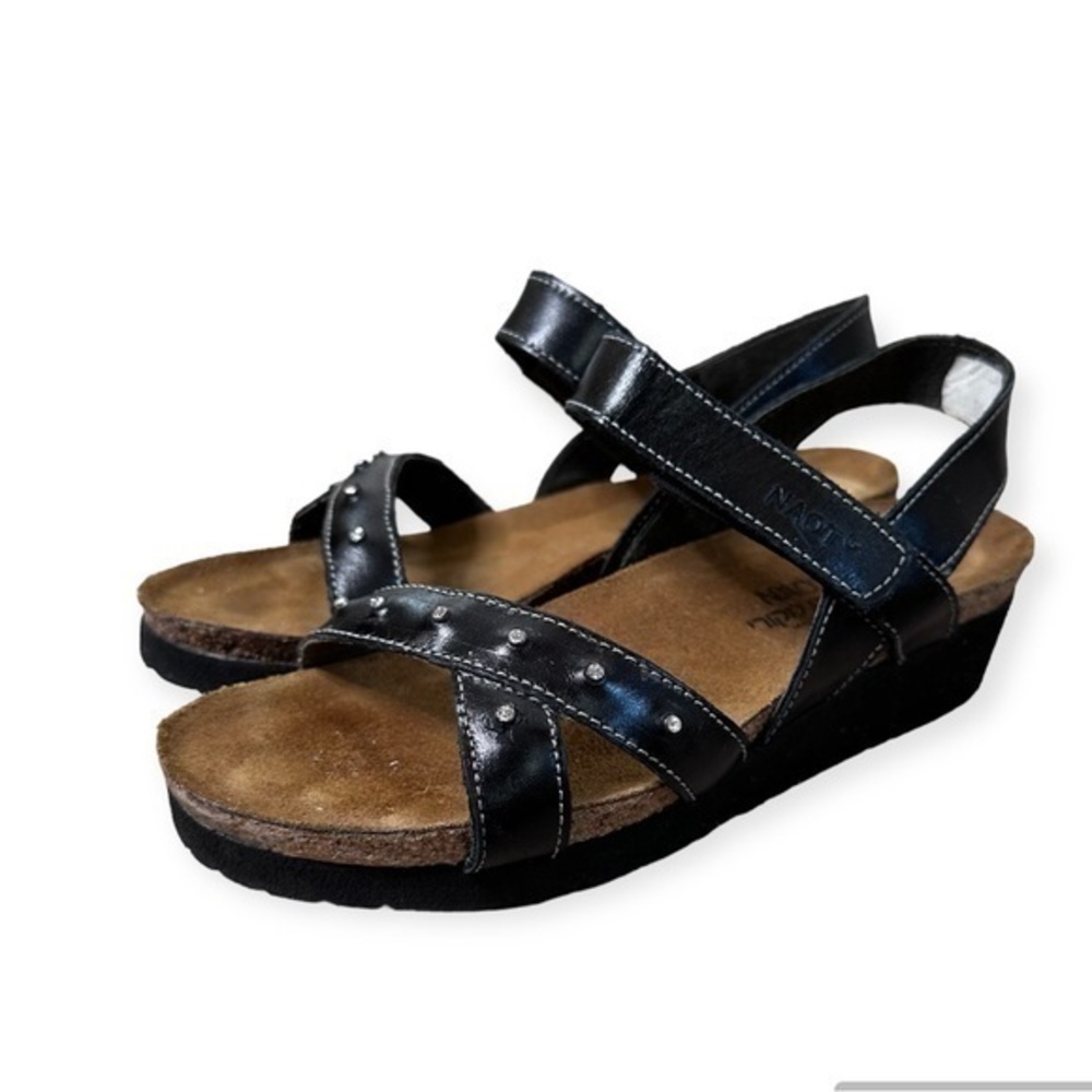 Naot Black Leather Rhinestone Wedge Sandal Cork Footbed EU 36 (US 5-5.5)